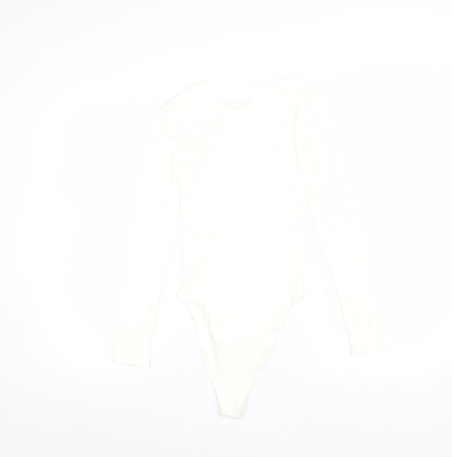ZARA Women Ivory Long Sleeve Bodysuit Size S Stretch Cotton Blend