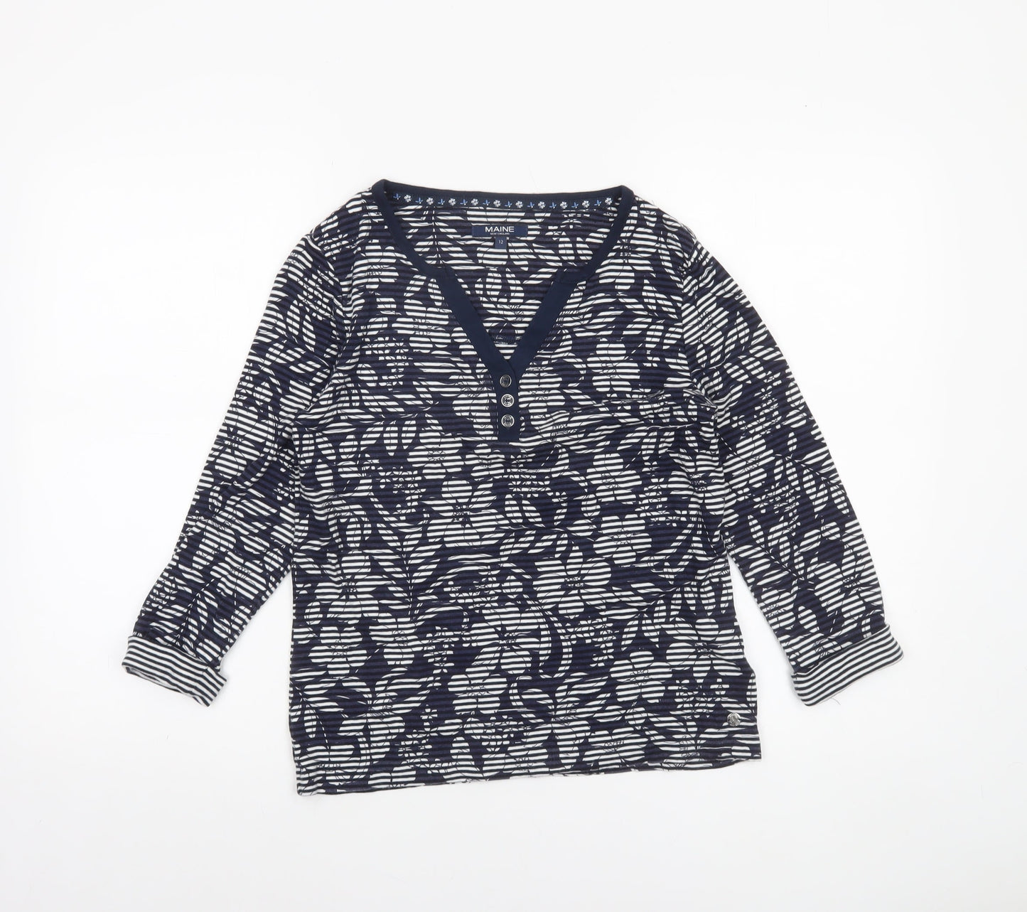 Maine New England Women's Blue Floral 3/4 Sleeve Cotton T-Shirt Size 12