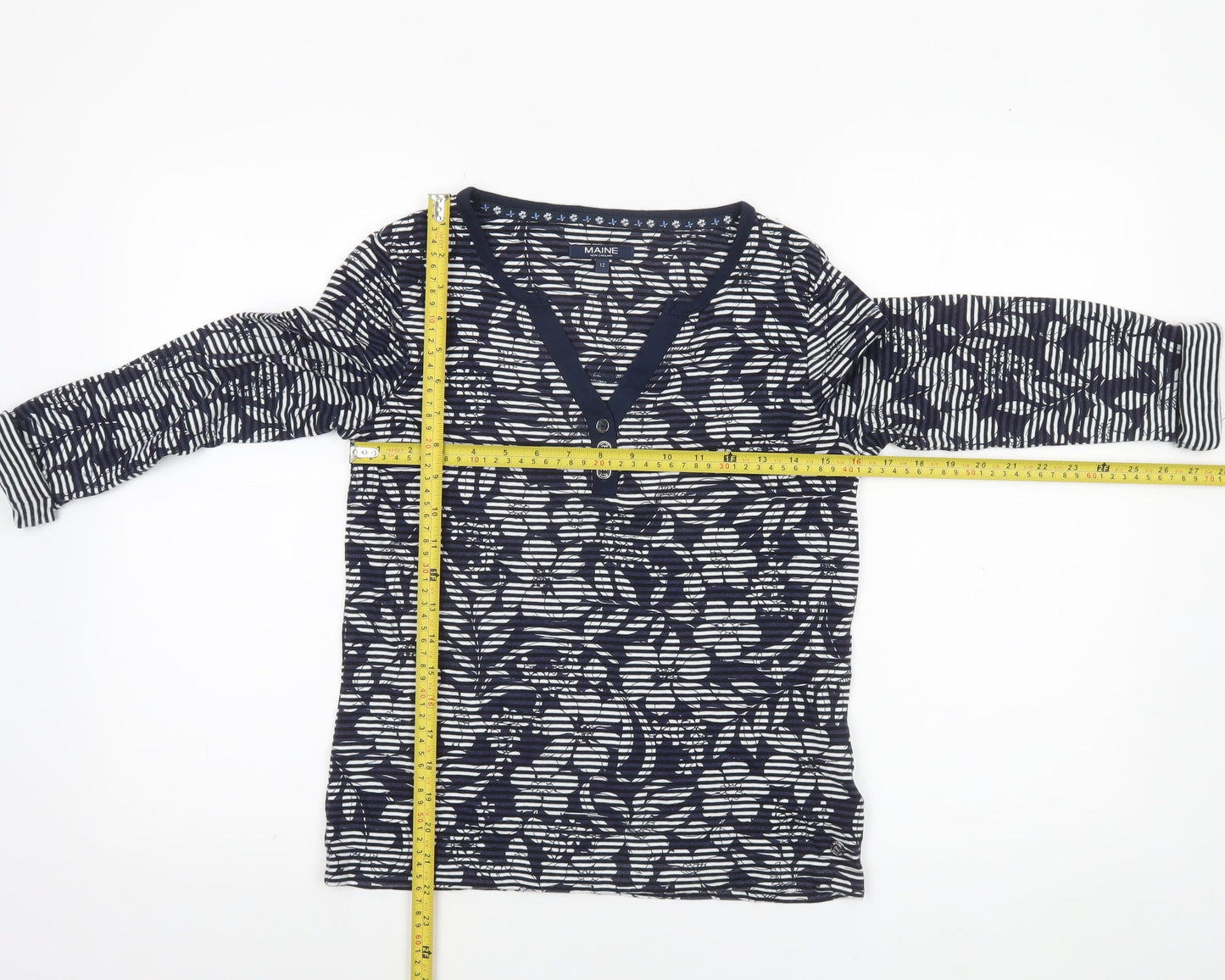 Maine New England Women's Blue Floral 3/4 Sleeve Cotton T-Shirt Size 12