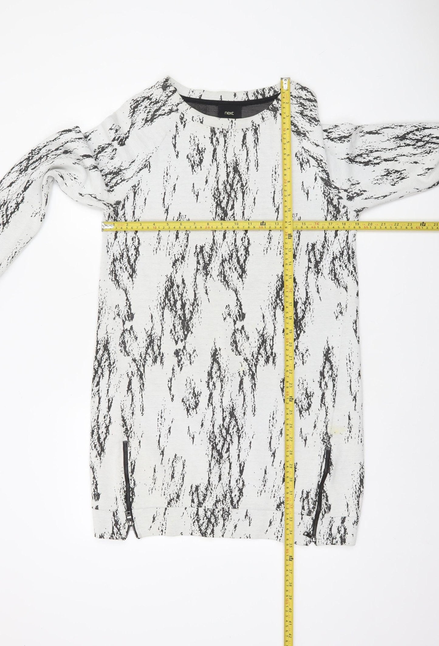 Next Women Grey Abstract Knit Shift Dress Size 14 Long Sleeve Zip Detail