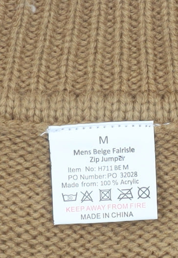 Coopers of Stortford Mens Beige Fair Isle Full Zip Jumper M