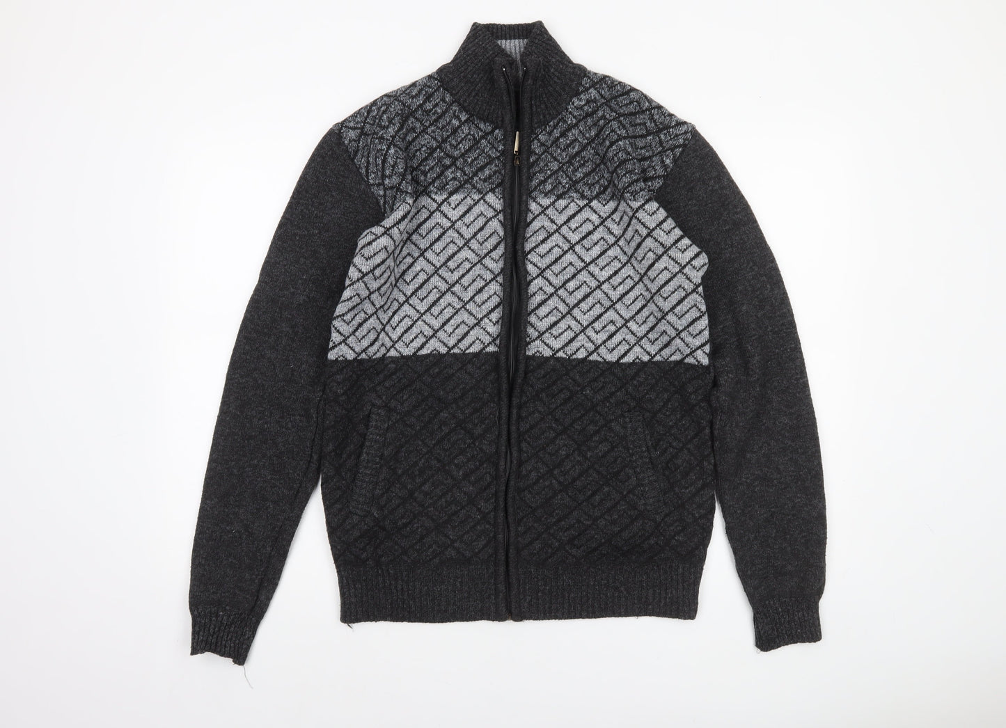 Amparo Men’s Grey Full Zip Wool Blend Geometric Knit Jumper 3XL