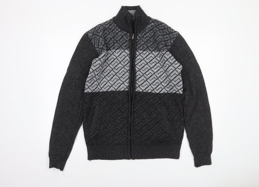 Amparo Men’s Grey Full Zip Wool Blend Geometric Knit Jumper 3XL