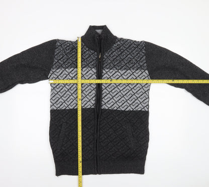 Amparo Men’s Grey Full Zip Wool Blend Geometric Knit Jumper 3XL