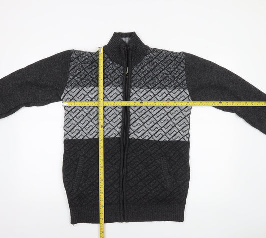 Amparo Men’s Grey Full Zip Wool Blend Geometric Knit Jumper 3XL