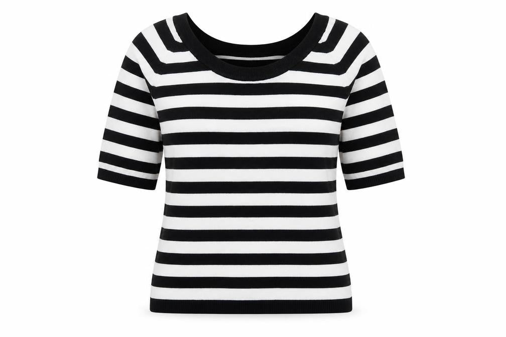 Front view of Mexx Women’s Black White Striped Knit Jumper Medium Short Sleeve