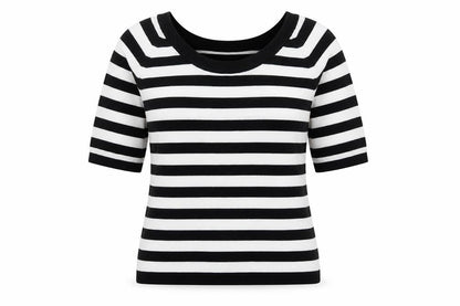 Front view of Mexx Women’s Black White Striped Knit Jumper Medium Short Sleeve