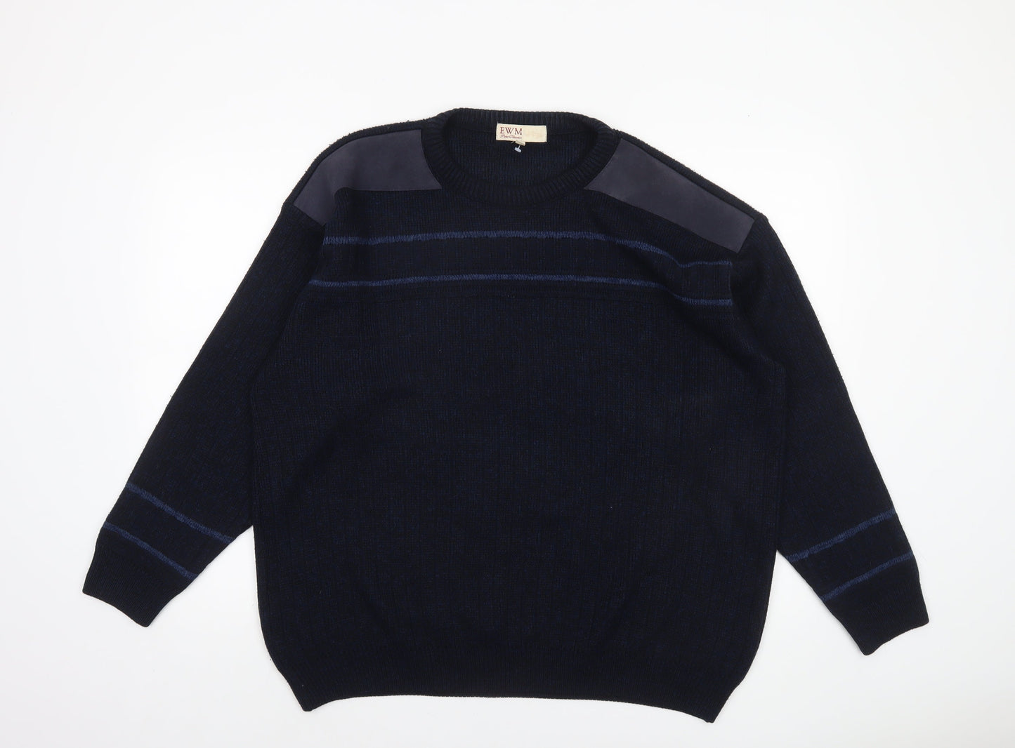 EWM Men's Blue Suede Shoulder Crew Neck Pullover Jumper L