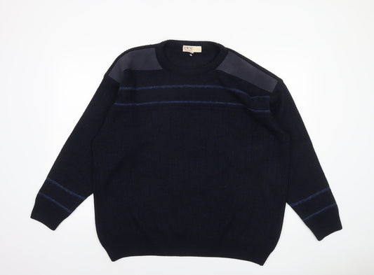 EWM Men's Blue Suede Shoulder Crew Neck Pullover Jumper L