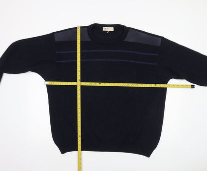 EWM Men's Blue Suede Shoulder Crew Neck Pullover Jumper L