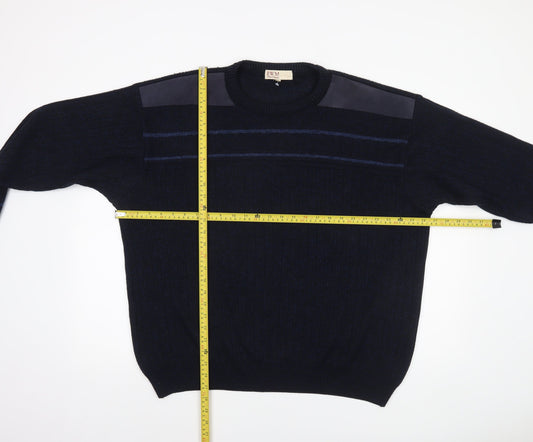 EWM Men's Blue Suede Shoulder Crew Neck Pullover Jumper L