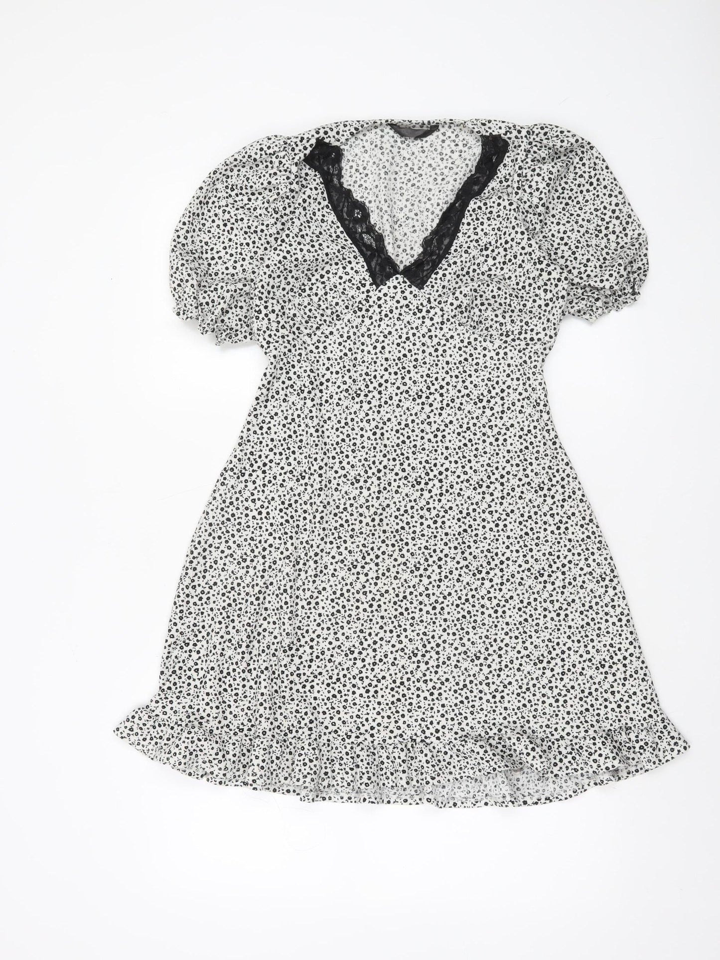 Dunnes Stores Womens White Floral Lace V-Neck Short A-Line Dress Size 10