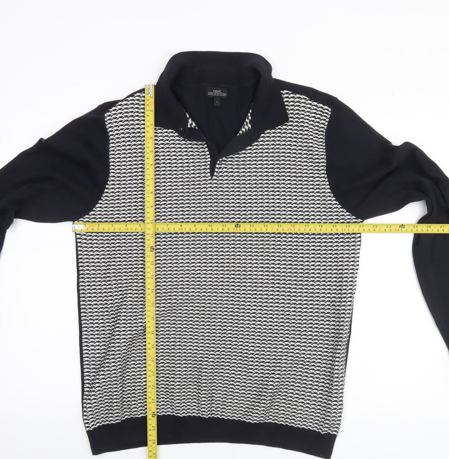Next Men's Black Geometric Collared Cotton Knit Jumper Size L