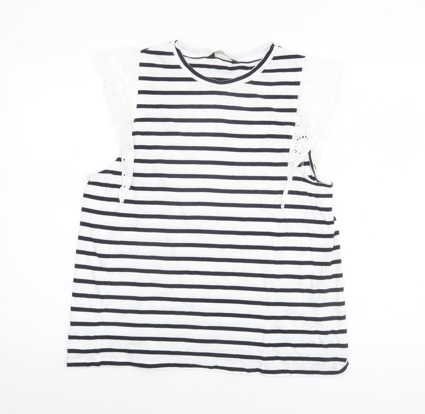 F&F Women’s White Black Striped Crochet Sleeve Cotton T-Shirt UK 16