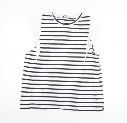 F&F Women’s White Black Striped Crochet Sleeve Cotton T-Shirt UK 16