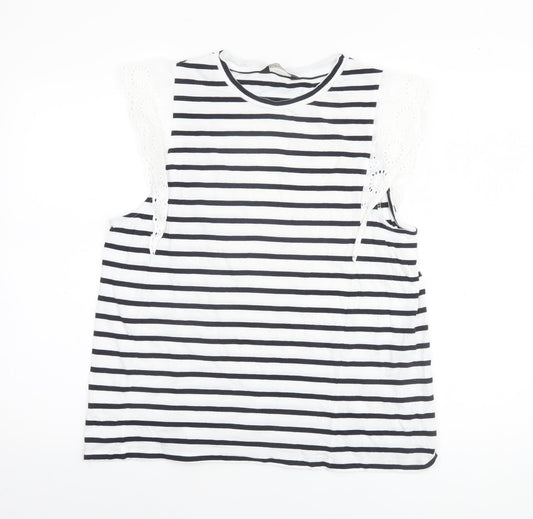 F&F Women’s White Black Striped Crochet Sleeve Cotton T-Shirt UK 16