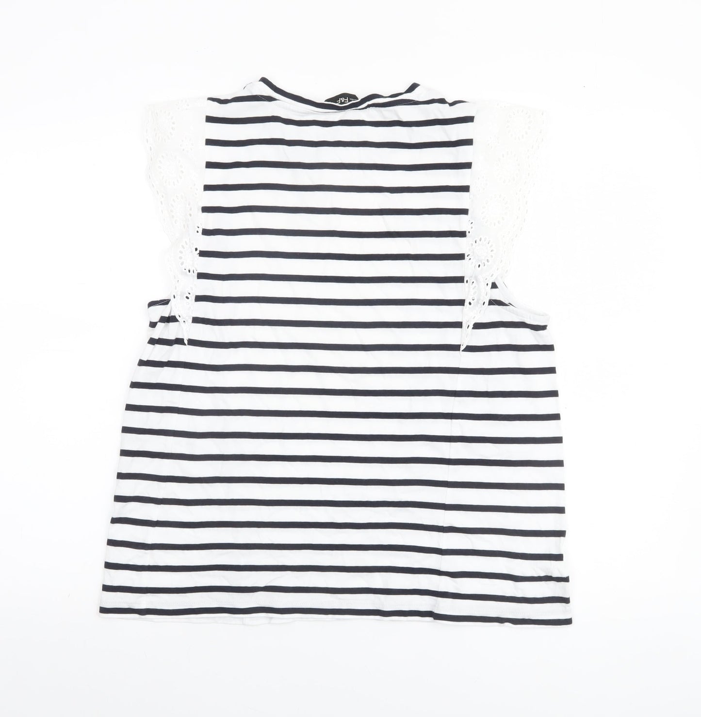F&F Women’s White Black Striped Crochet Sleeve Cotton T-Shirt UK 16