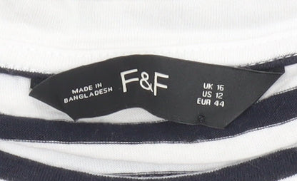 F&F Women’s White Black Striped Crochet Sleeve Cotton T-Shirt UK 16