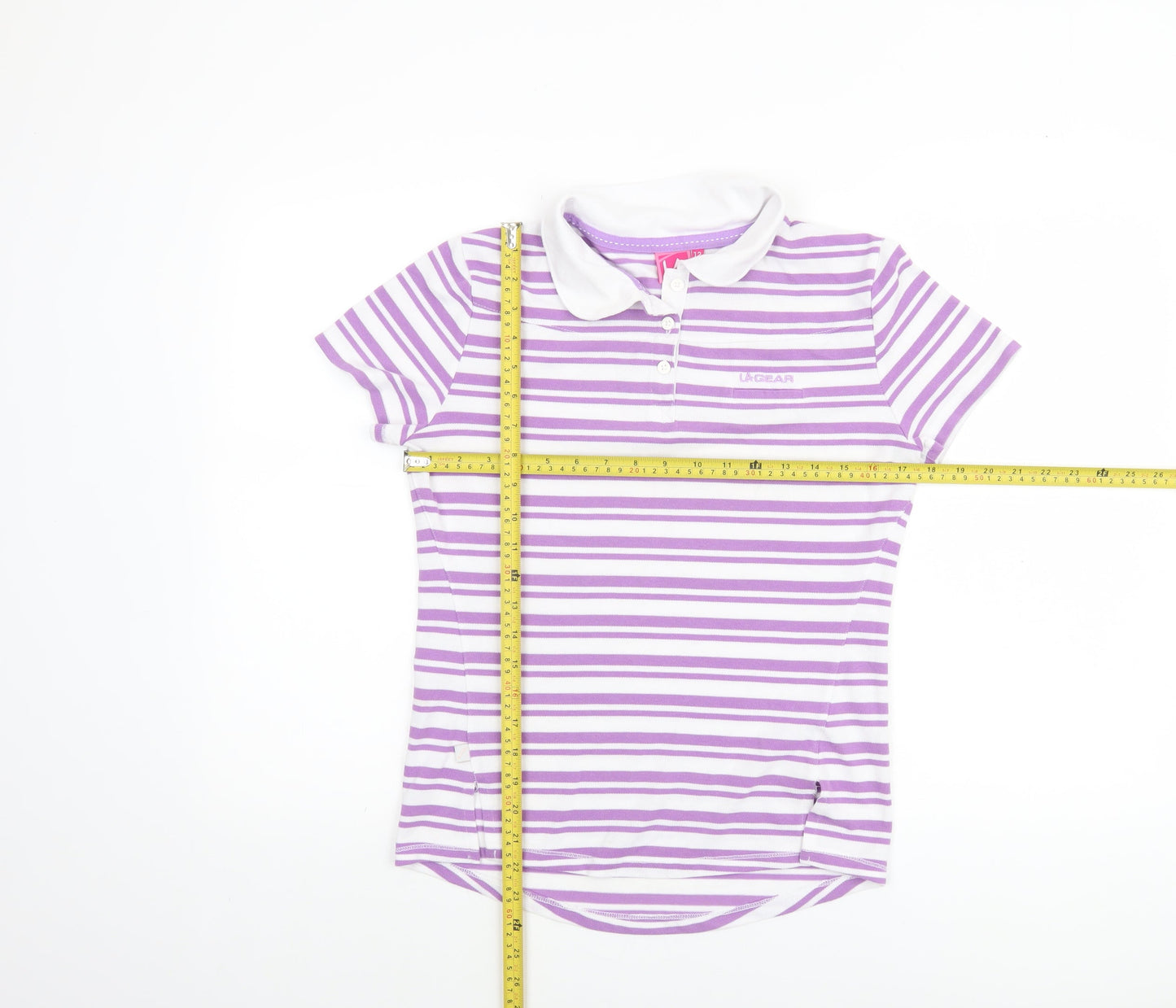 LA Gear Women’s Purple White Striped Polo Shirt Size 12 Cotton Blend