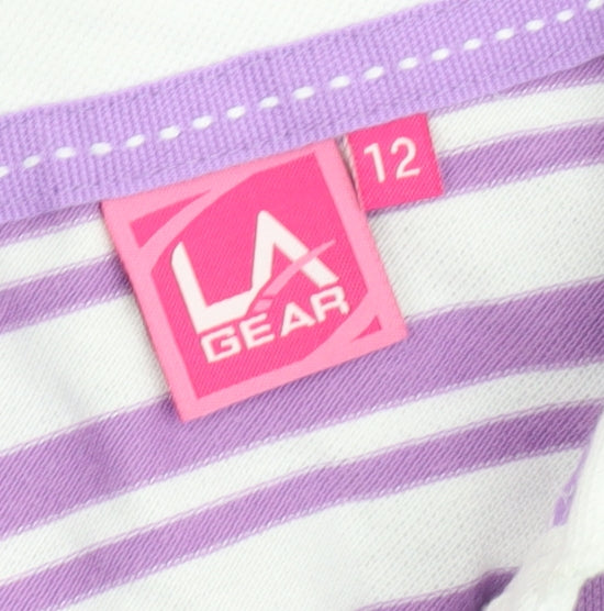LA Gear Women’s Purple White Striped Polo Shirt Size 12 Cotton Blend