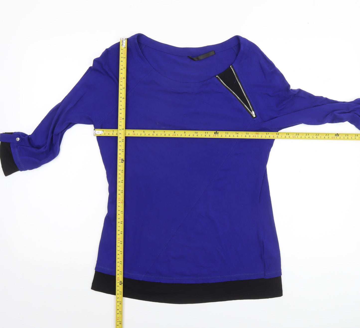 Karen Millen Women's Blue 3/4 Sleeve Zip Detail Jersey Blouse Size 14