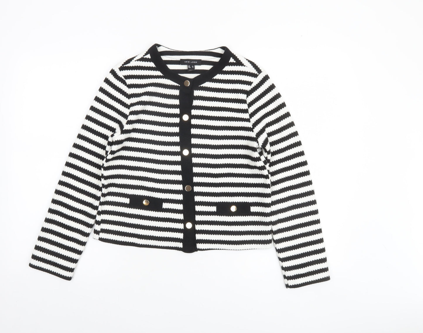 New Look Womens Black White Striped Button-Up Knit Top Size 8