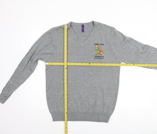 Henbury Men's Grey V-Neck Cotton Acrylic Golf Jumper Size M