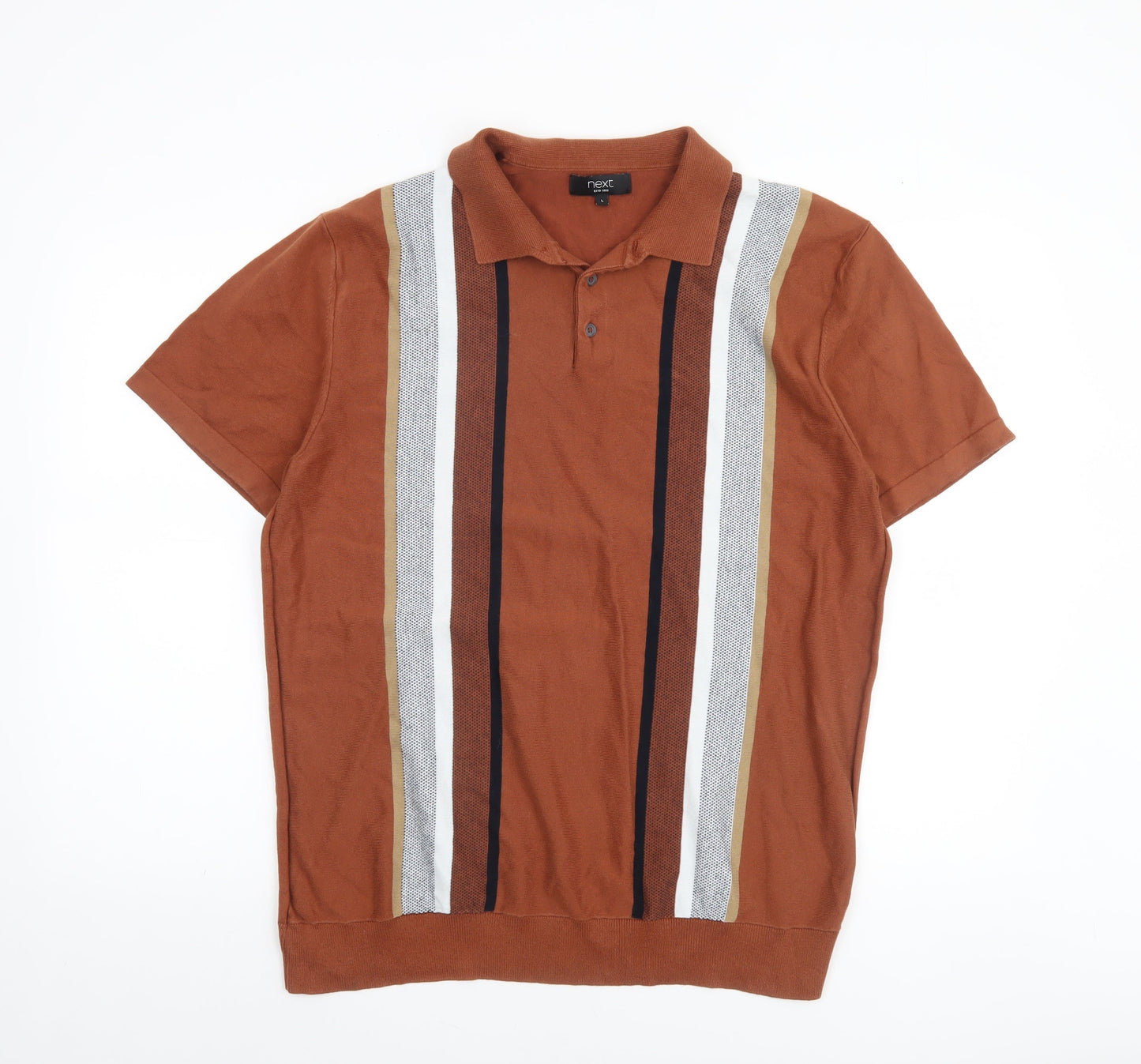 Next Men’s Brown Striped Cotton Knit Short Sleeve Polo Jumper L