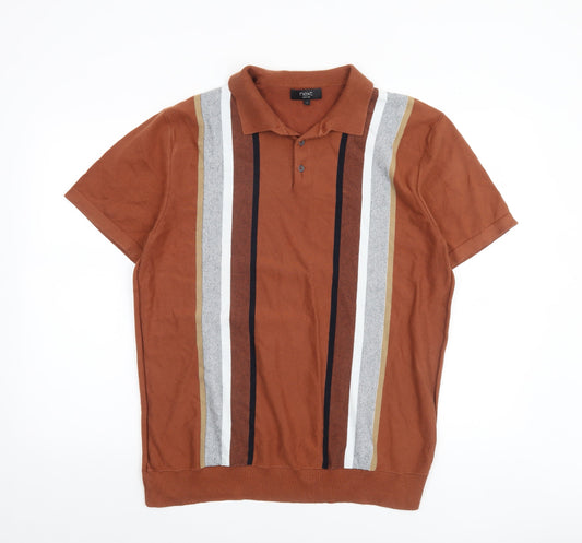 Next Men’s Brown Striped Cotton Knit Short Sleeve Polo Jumper L