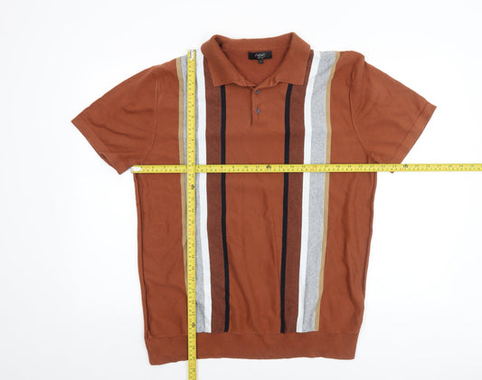 Next Men’s Brown Striped Cotton Knit Short Sleeve Polo Jumper L