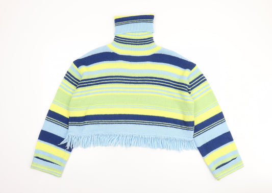 Collusion Women Blue Green Striped Roll Neck Cropped Jumper UK 6