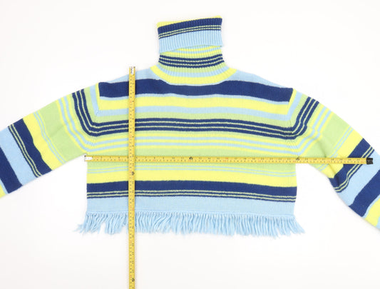 Collusion Women Blue Green Striped Roll Neck Cropped Jumper UK 6