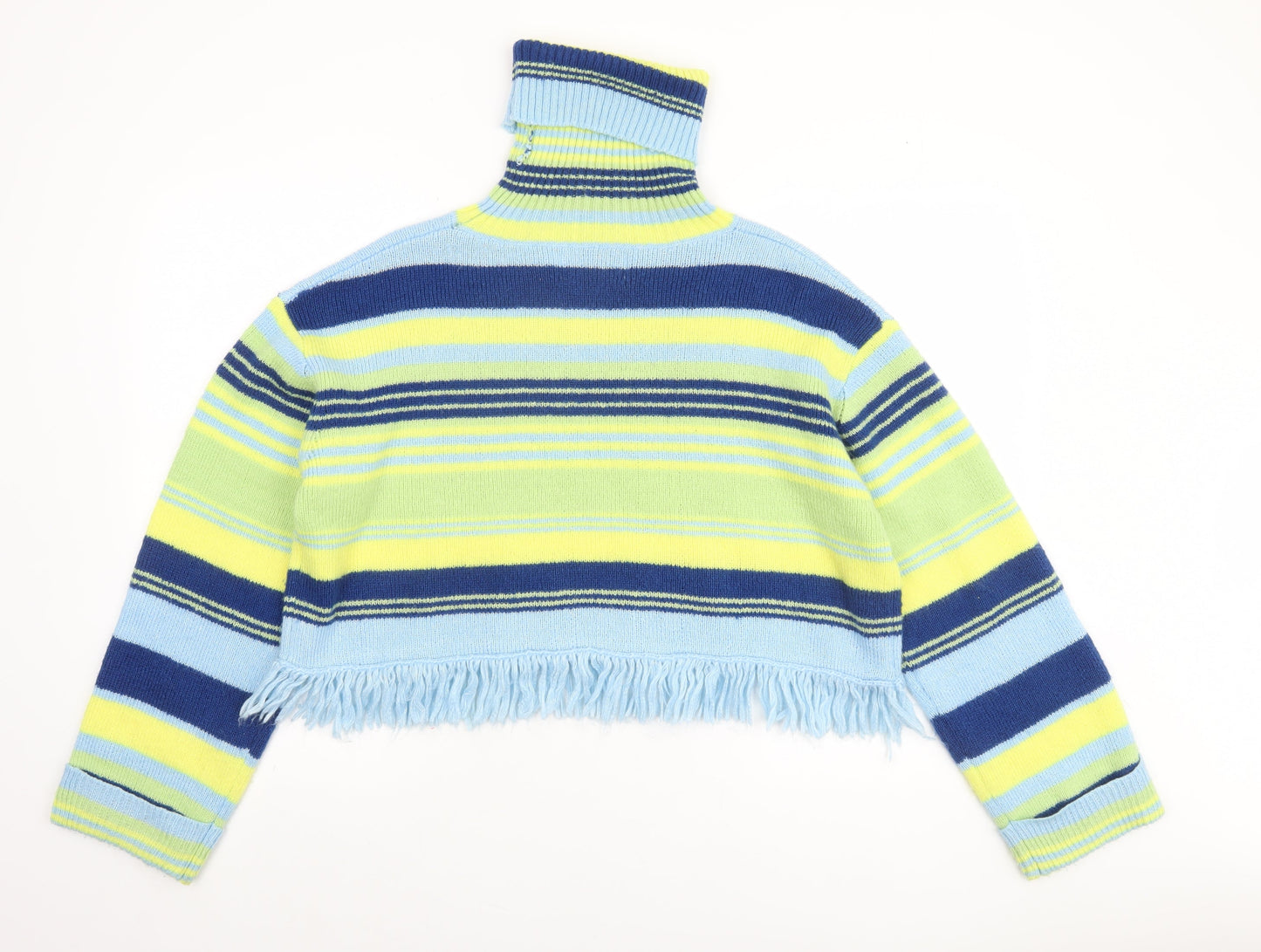 Collusion Women Blue Green Striped Roll Neck Cropped Jumper UK 6
