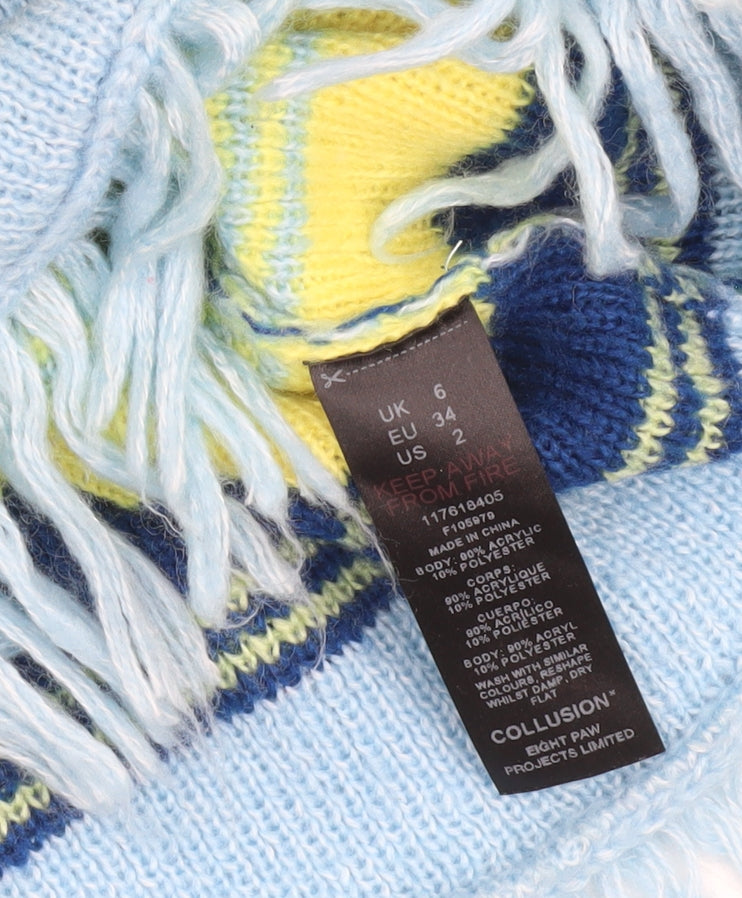 Collusion Women Blue Green Striped Roll Neck Cropped Jumper UK 6