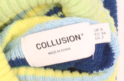 Collusion Women Blue Green Striped Roll Neck Cropped Jumper UK 6