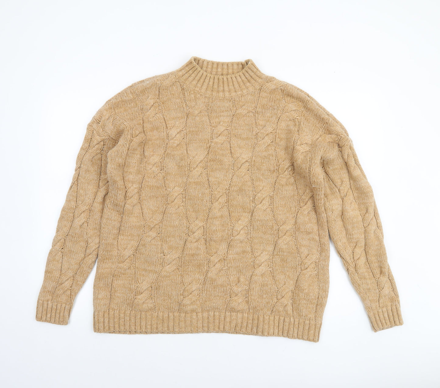 Lands' End Women's Beige Cable-Knit Mock Neck Jumper M