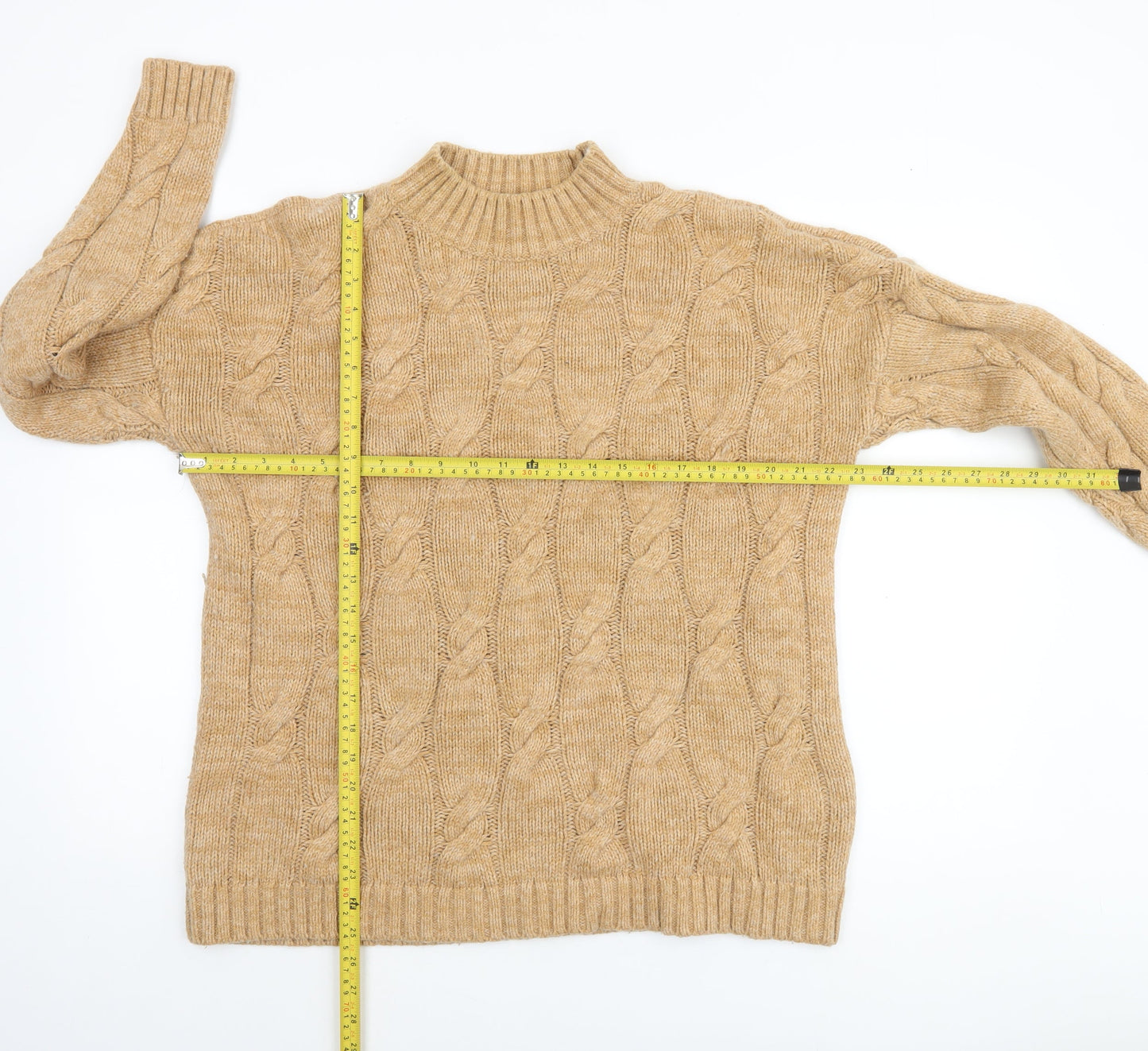 Lands' End Women's Beige Cable-Knit Mock Neck Jumper M