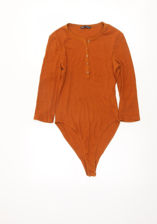 Zara Women Brown Long Sleeve Ribbed Bodysuit Size S