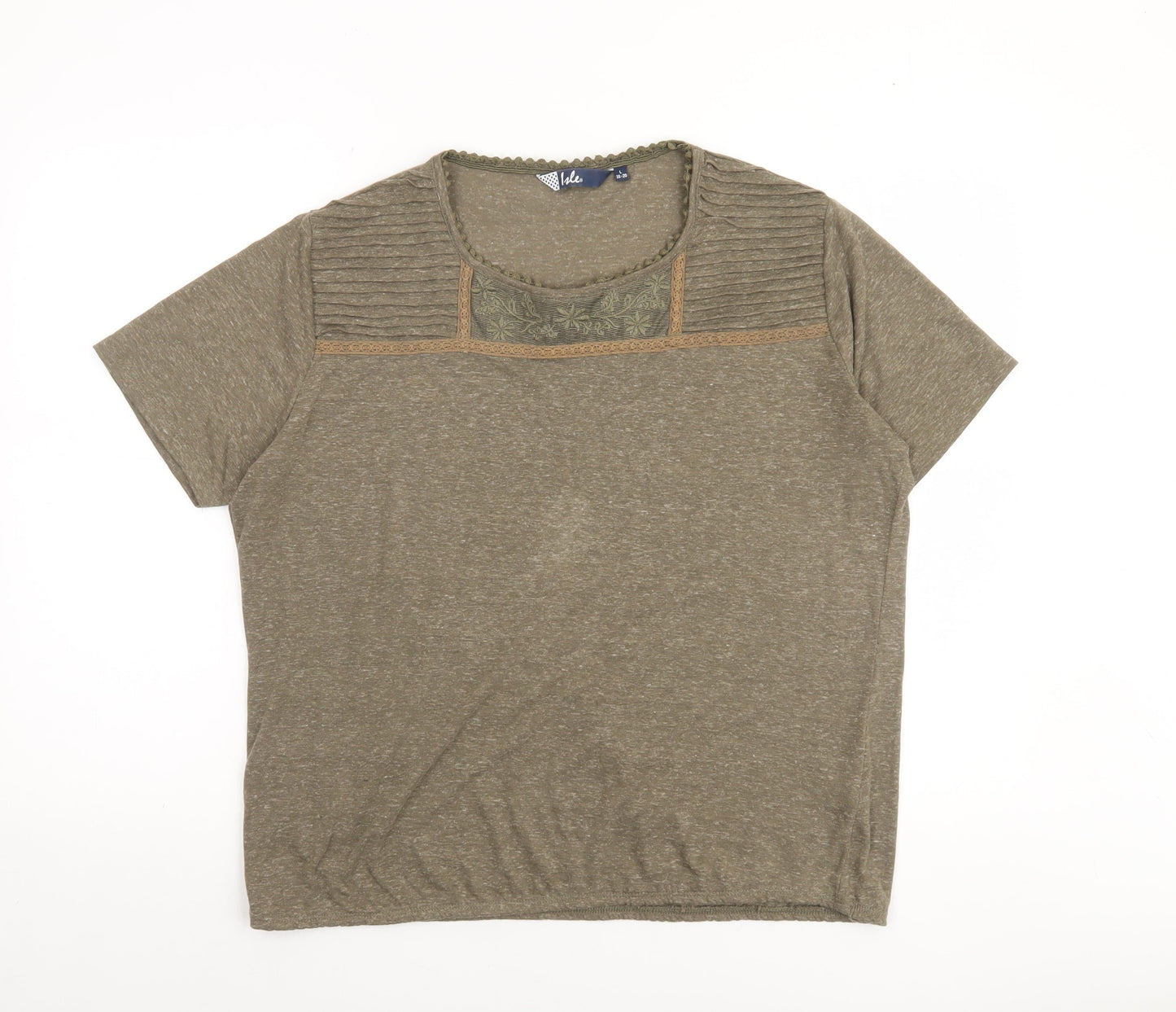 Isle Women Green Embroidered Short Sleeve Linen Blend T-Shirt Size 18