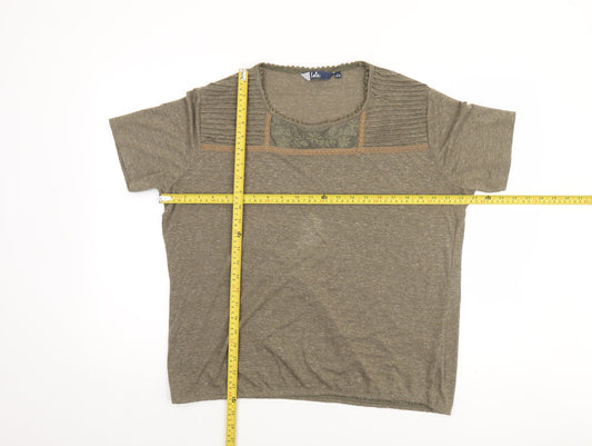 Isle Women Green Embroidered Short Sleeve Linen Blend T-Shirt Size 18