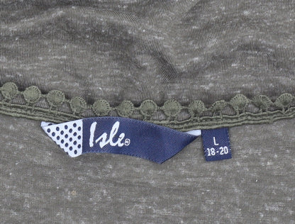 Isle Women Green Embroidered Short Sleeve Linen Blend T-Shirt Size 18