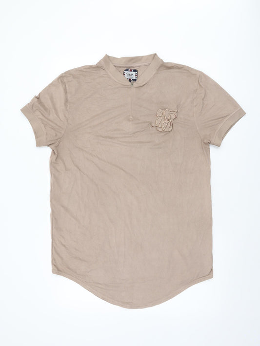 SikSilk Men’s Beige High Neck Slim Fit 1/2 Zip T-Shirt Size L