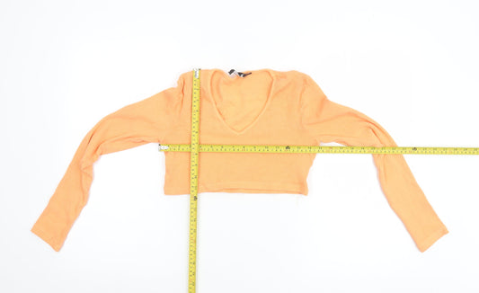 PrettyLittleThing Women Orange Cropped V-Neck Long Sleeve Top UK 10