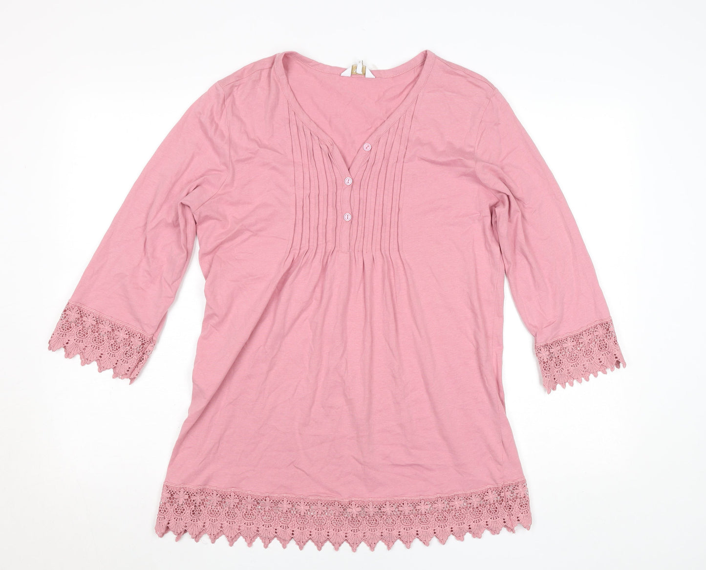 Cotton Traders Womens Dusky Pink 3/4 Sleeve Lace Hem Tunic Blouse Size 10
