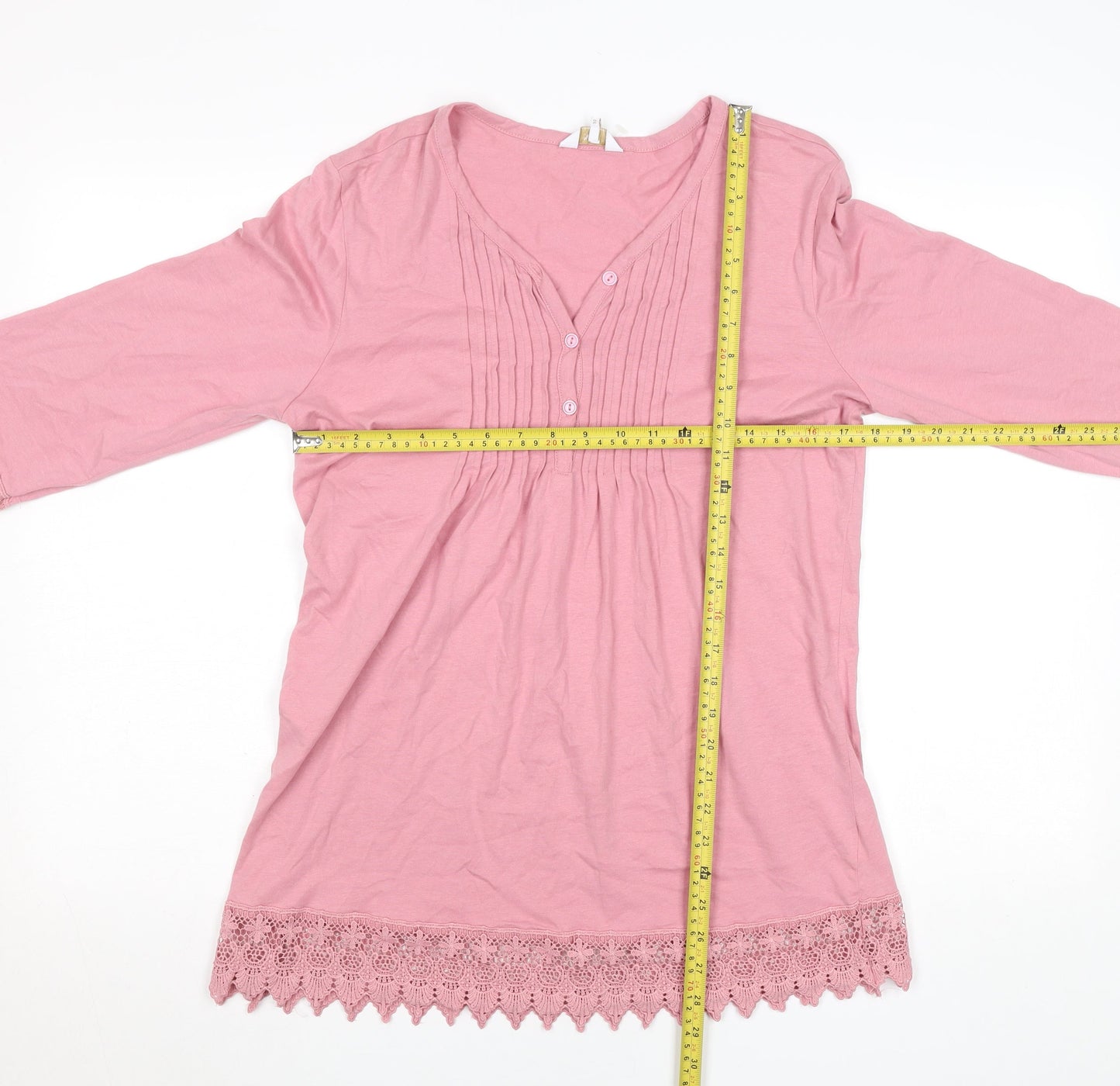 Cotton Traders Womens Dusky Pink 3/4 Sleeve Lace Hem Tunic Blouse Size 10