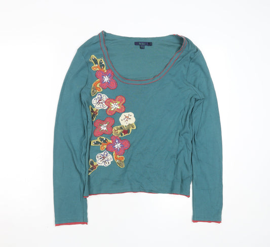 Boden Women's Green Floral Embroidered Cotton Long Sleeve T-Shirt Size S