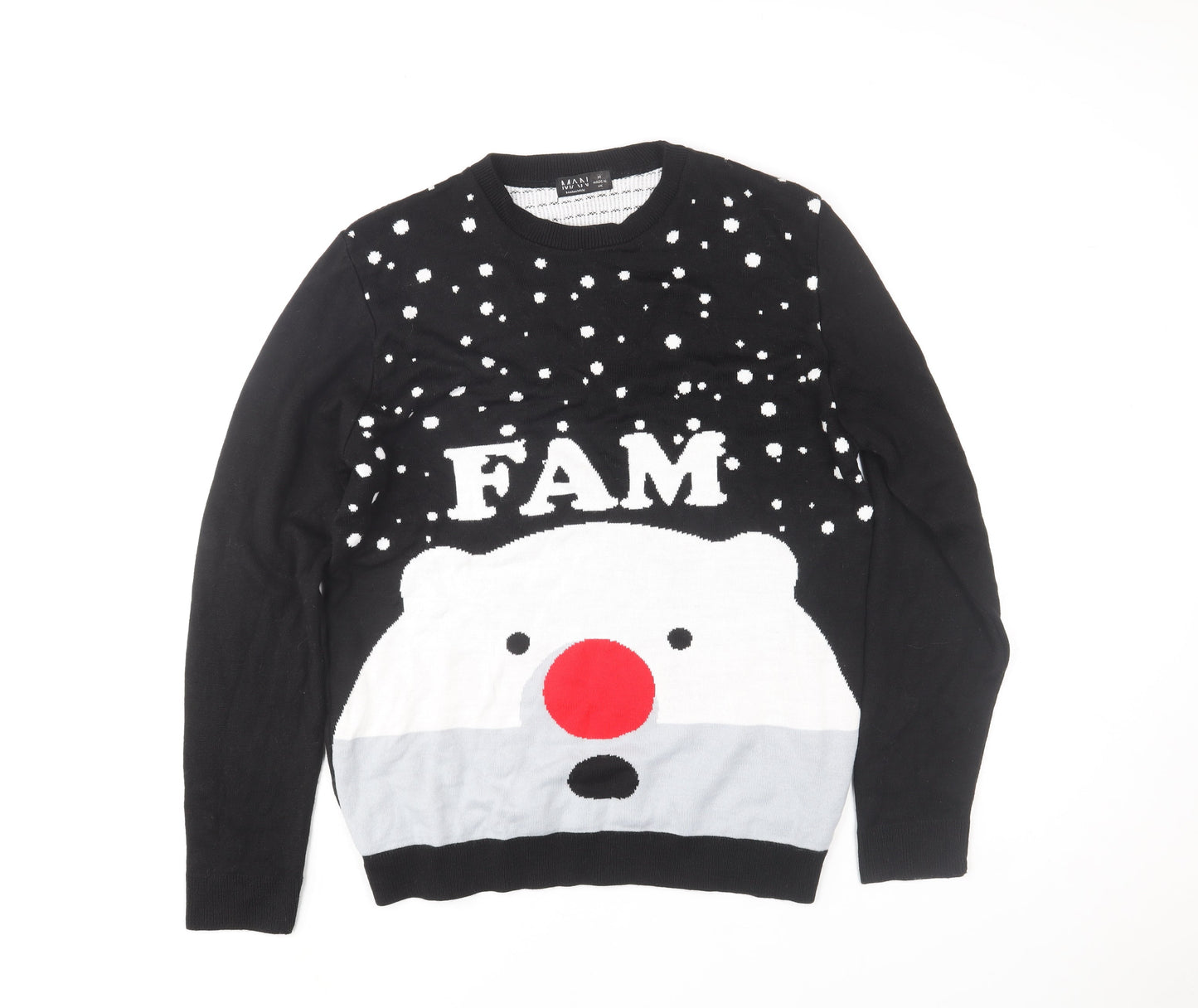 boohooMAN Men's Black Medium Christmas Polar Bear Knit Jumper