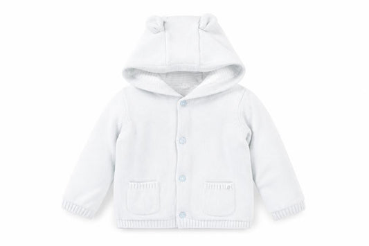Front view of John Lewis unisex baby ivory cotton hooded button jacket 12-18 months