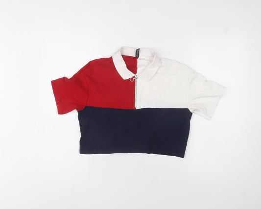 Bershka Women's Colourblock Polo Crop Top Red Navy White Size M