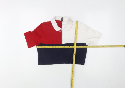 Bershka Women's Colourblock Polo Crop Top Red Navy White Size M